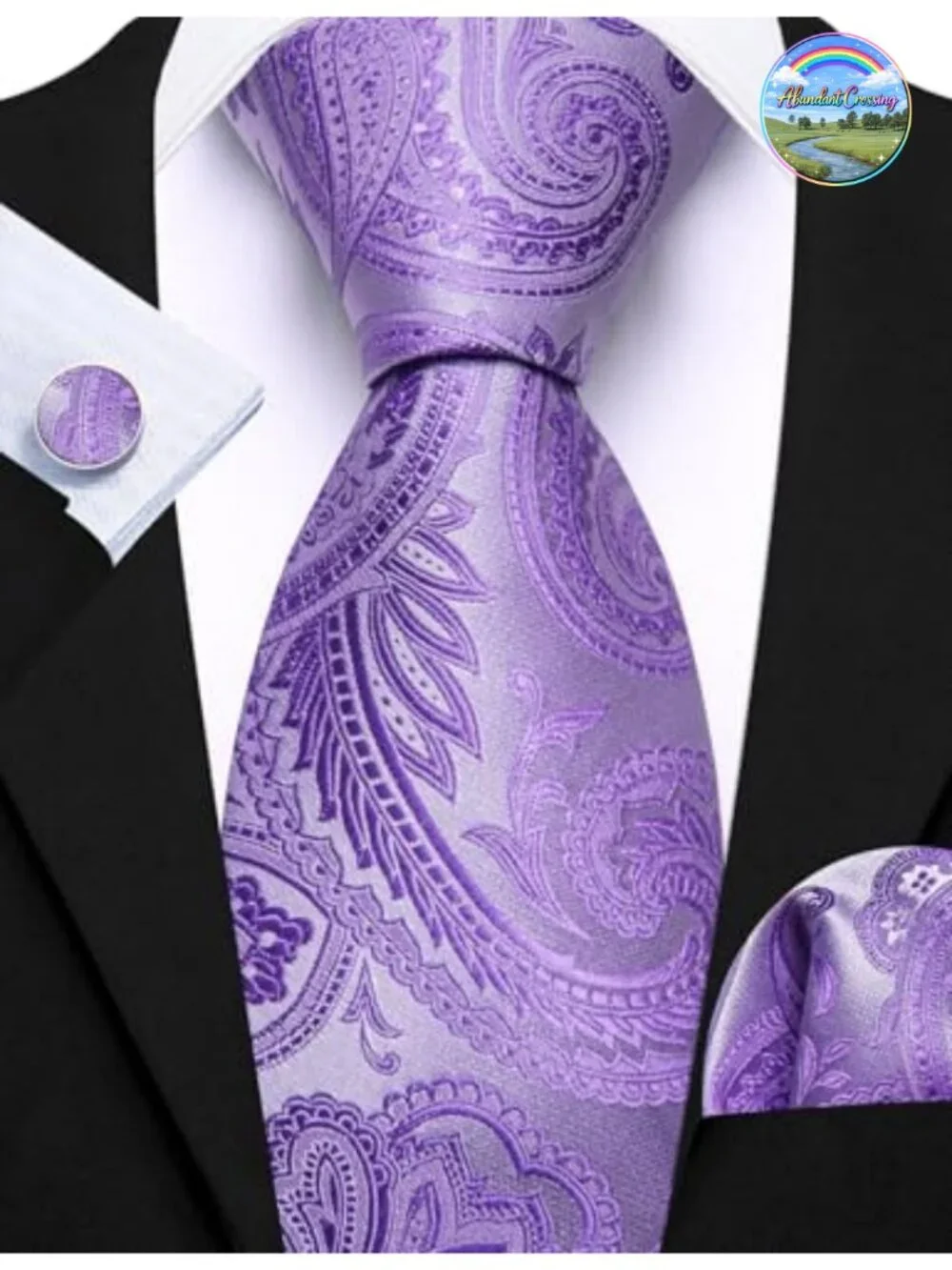 Silk Textured Woven Tie Set with Hanky & Cufflinks - 6 Piece Business Wedding